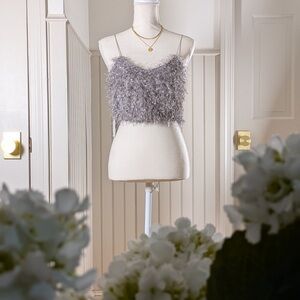 Hayden Los Angeles Silver Metallic Fuzzy Crop Cami Top Size M NWT